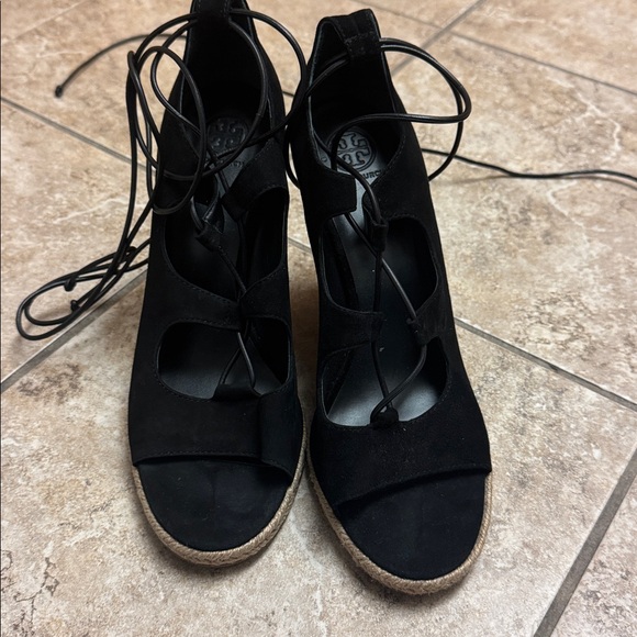 Tory Burch Black Suede Leather Lace Up Tie Tan Wedge Sandal Heels 9.5 - Picture 7 of 14